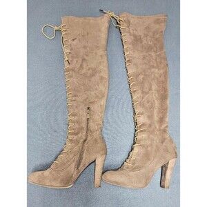 Forever 21 Size 10 Over The Knee Taupe Beige Faux Suede Lace Up High Heel Boots